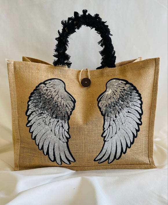 Ruffled Handle Silver Angel Wing Jute Bag